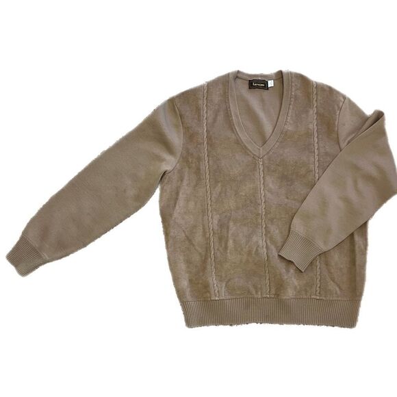 Vintage 1980s Lansons of Florida Tan Zephyr Wool and Ultra Suede Sweater. Size L - Picture 1 of 8